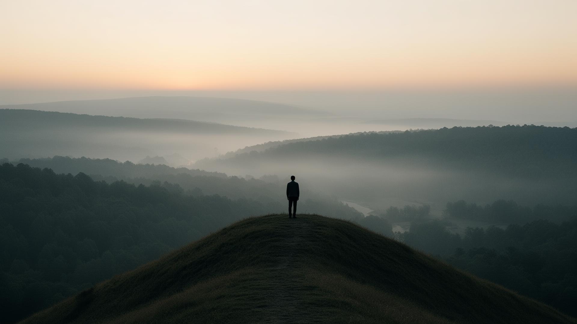 A person standing at dawn overlooking a quiet valley
